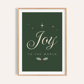 Joy to the World Christmas print in forest green and cream on a plain wall