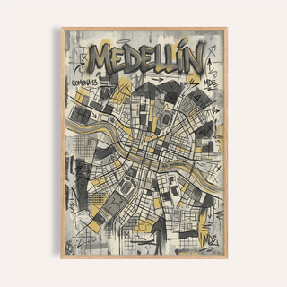 Medellin Map Art Print framed close-up of city map illustration in grey yellow and black tones