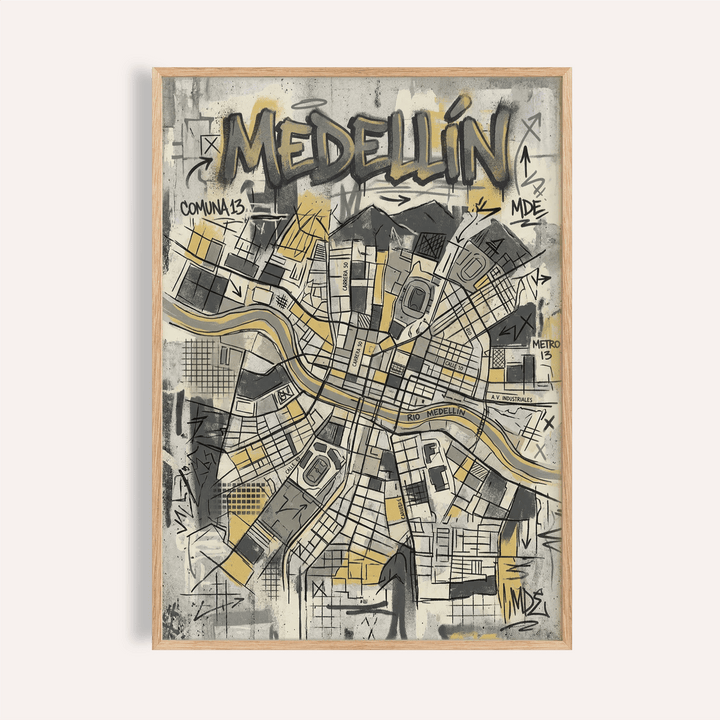 Medellin Map Art Print framed close-up of city map illustration in grey yellow and black tones