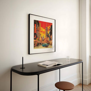 Japonise Art framed print close-up of a retro Tokyo street scene with red and orange hues above a black console table