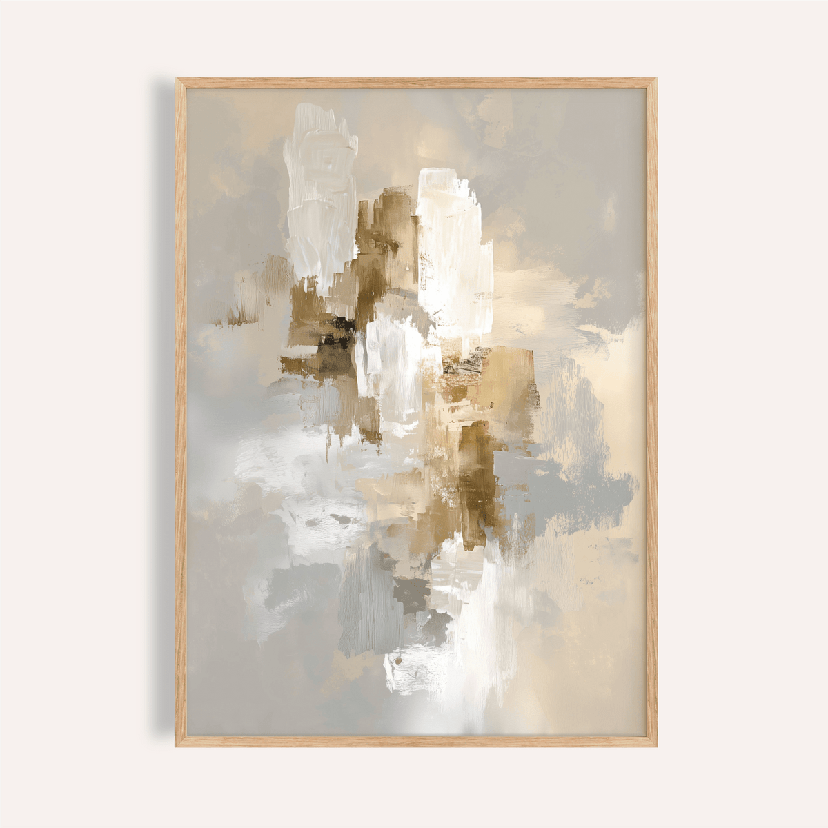 Framed Abstract Neutral Art Print showing soft beige and white abstract blocks on a grey background