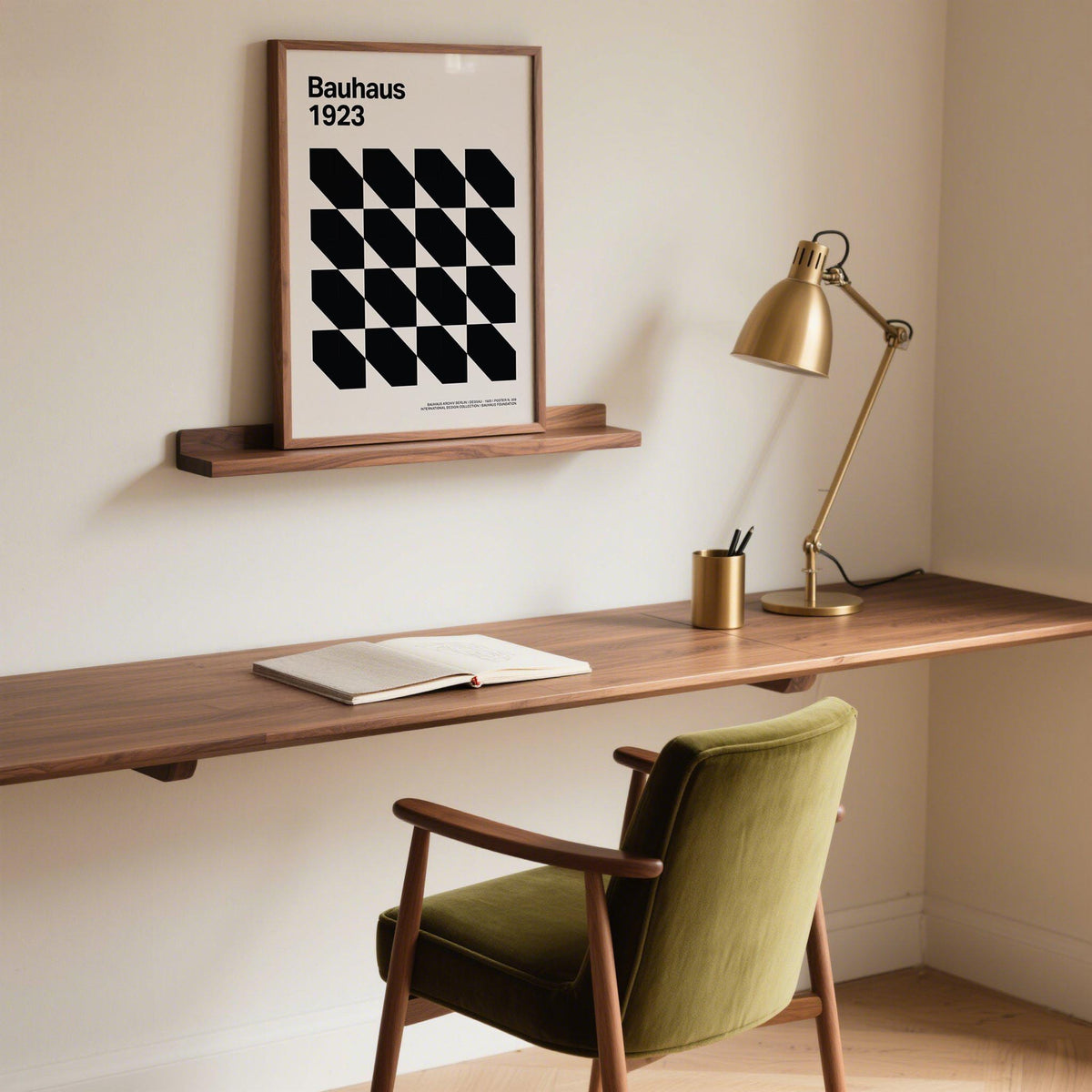 Corporate office artwork framed close-up with black geometric shapes grid on a shelf above a desk