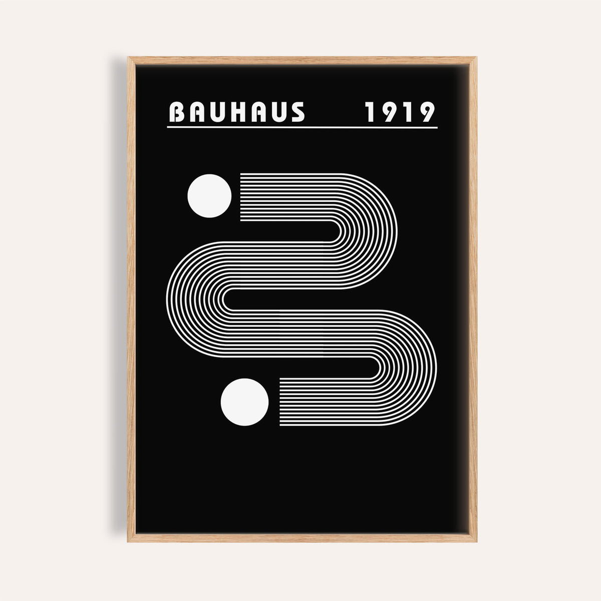 Framed Black Minimalist Art with white linear abstract shapes and Bauhaus 1919 text