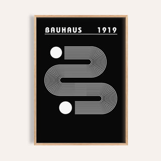 Framed Black Minimalist Art with white linear abstract shapes and Bauhaus 1919 text