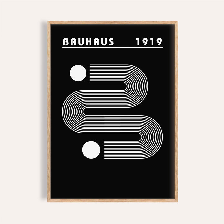 Framed Black Minimalist Art with white linear abstract shapes and Bauhaus 1919 text