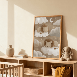 Print leaning on a shelf of sleeping lions on clouds in soft brown tones with a toy rabbit