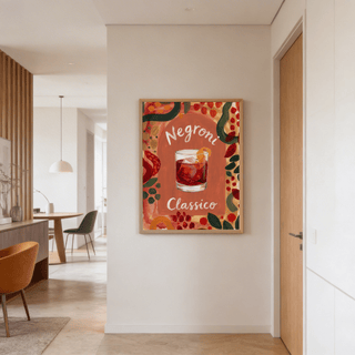 Print on a wall of Negroni art print with red and green watercolour details in a dining room