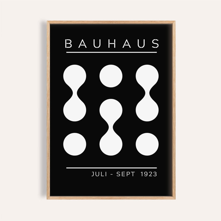 Framed Black and White Geometric Art with bauhaus text and abstract shapes