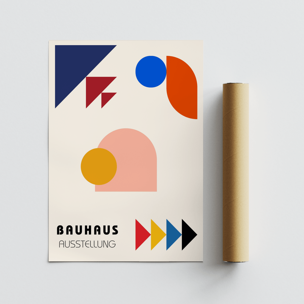 Abstract Geometric Art print with minimalist bauhaus shapes and a packaging tube