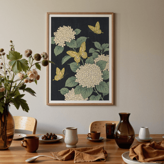 Vintage Butterfly Poster on a dining room wall with wooden table and brown vase