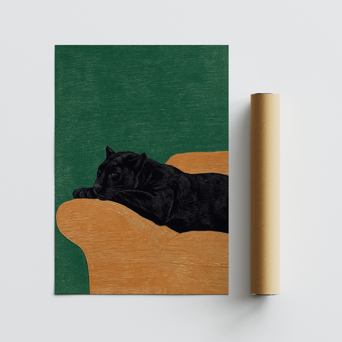 Big Cat Art Print of a black panther lying on an orange sofa with a green background next to a cardboard tube