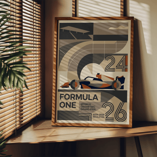 Minimal Geometric Racing Poster framed print close-up showing abstract race car in beige and dark blue next to a window with blinds