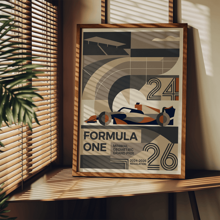 Minimal Geometric Racing Poster framed print close-up showing abstract race car in beige and dark blue next to a window with blinds