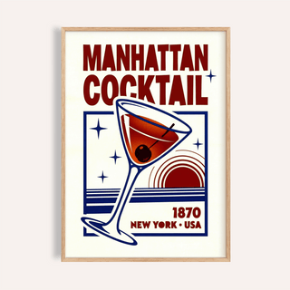 Framed Manhattan Cocktail Art Print with retro illustration in red and blue on a cream background