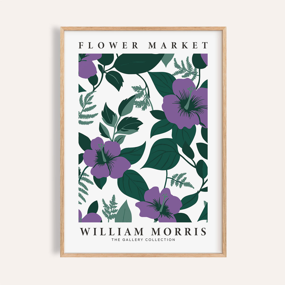 Purple Flower Artwork framed print close-up of minimalist purple flowers and dark green leaves