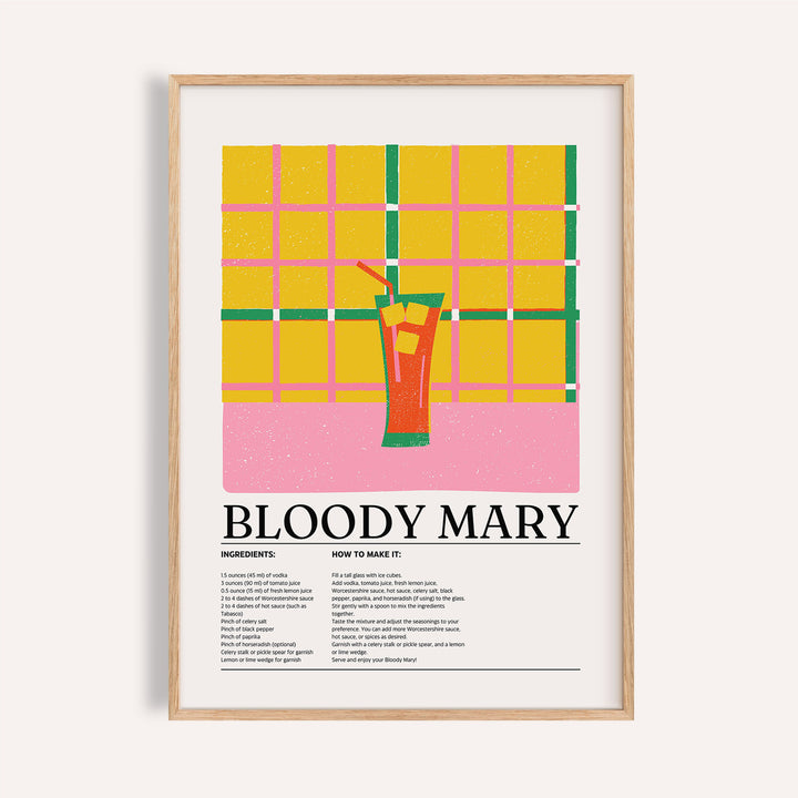 Framed print close-up of Retro Drink Poster featuring a Bloody Mary cocktail with a yellow and pink grid background