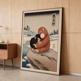 Punch Monkey Poster framed close-up of a baby monkey and stuffed monkey in Japanese woodblock style on a wooden floor