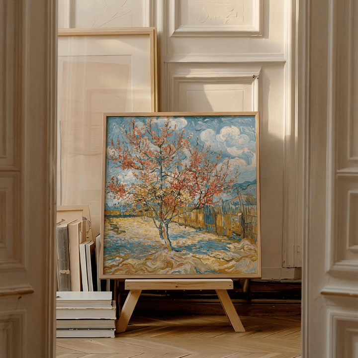 Spring Tree Art Print leaning on an easel with a wooden frame and soft shadows in a classic room