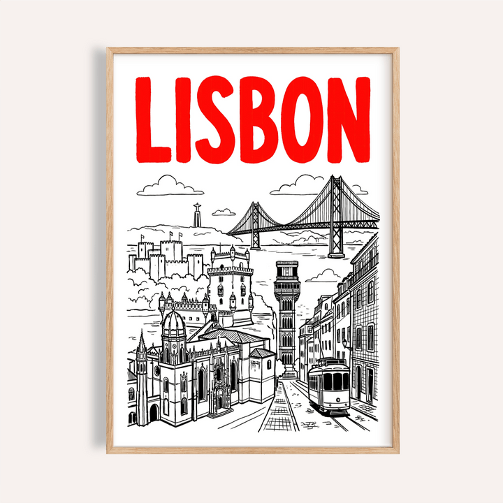 Framed Lisbon Travel Art print featuring red text and black line-art landmarks
