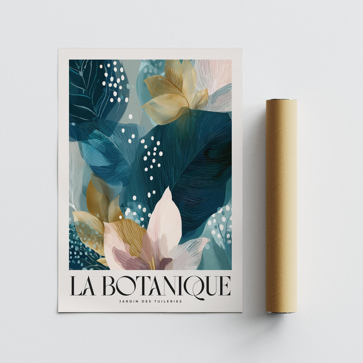 Botanical artwork print of blue leaves and flowers with white text and a packaging tube next to it