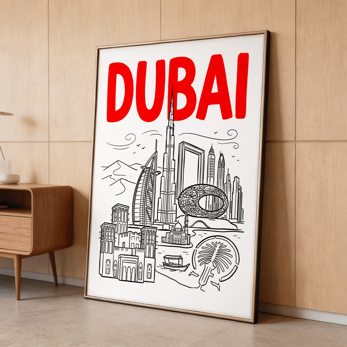 Framed Dubai City wall art with red text and black line-art leaning on a wooden floor by a cabinet