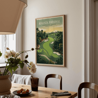 Southern Golf Course Poster framed print of a vintage golf course fairway above a dining table with flowers