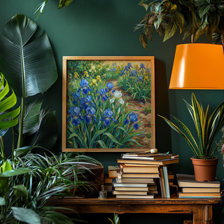 Blue Iris Art Print on a green wall above a wooden table with stacks of books and plants