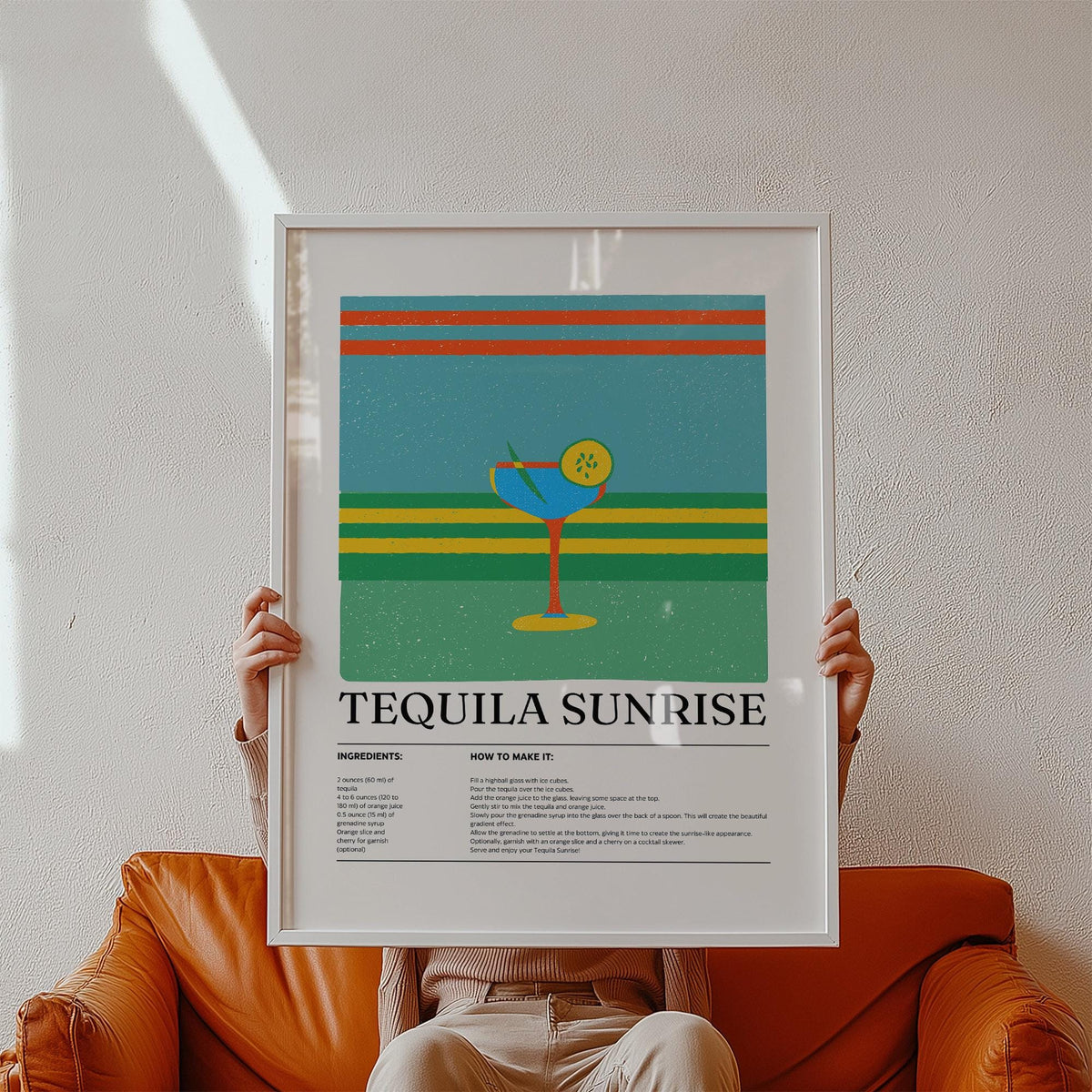 Tequila wall art held in hands with a minimalist cocktail illustration and recipe text