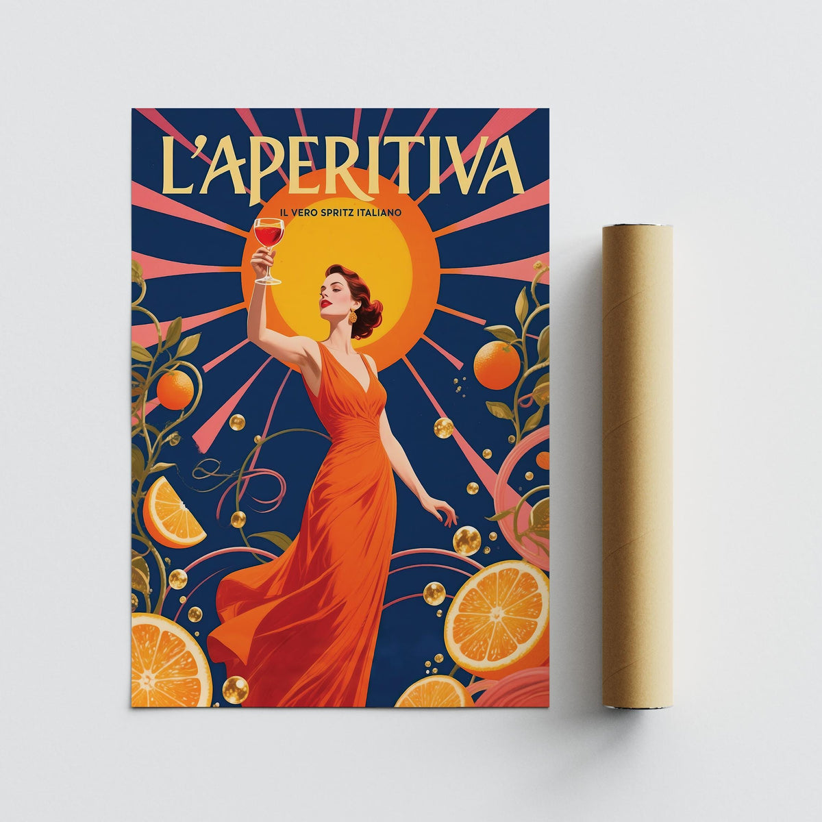 Spritz Gift print with woman in orange dress holding a drink beside a packaging tube