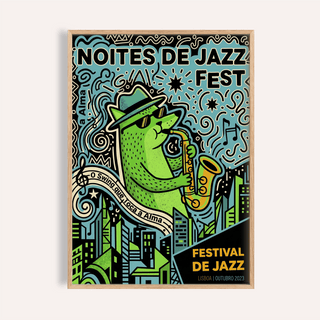 Framed Lisbon Jazz Poster showing a green cat playing saxophone with a cityscape background