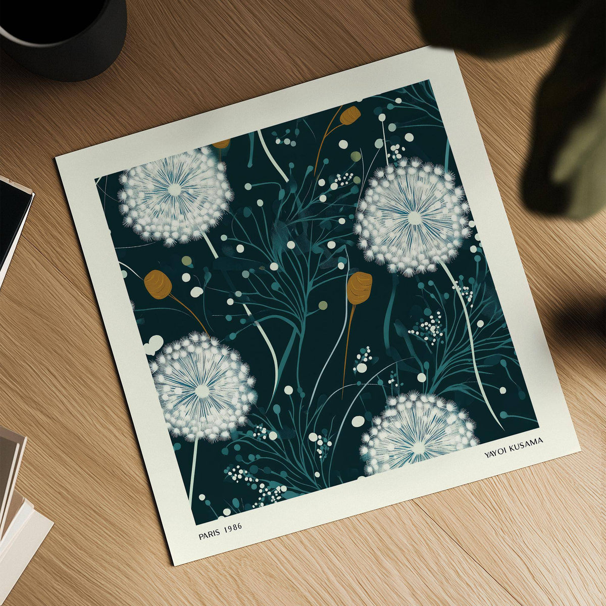 Dandelion Wall Art illustration of white seed heads on dark teal background with gold accents close-up