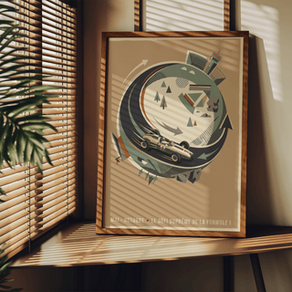 Framed Single Seater Race Car wall art with green and beige tones leaning on a wooden shelf beside a plant
