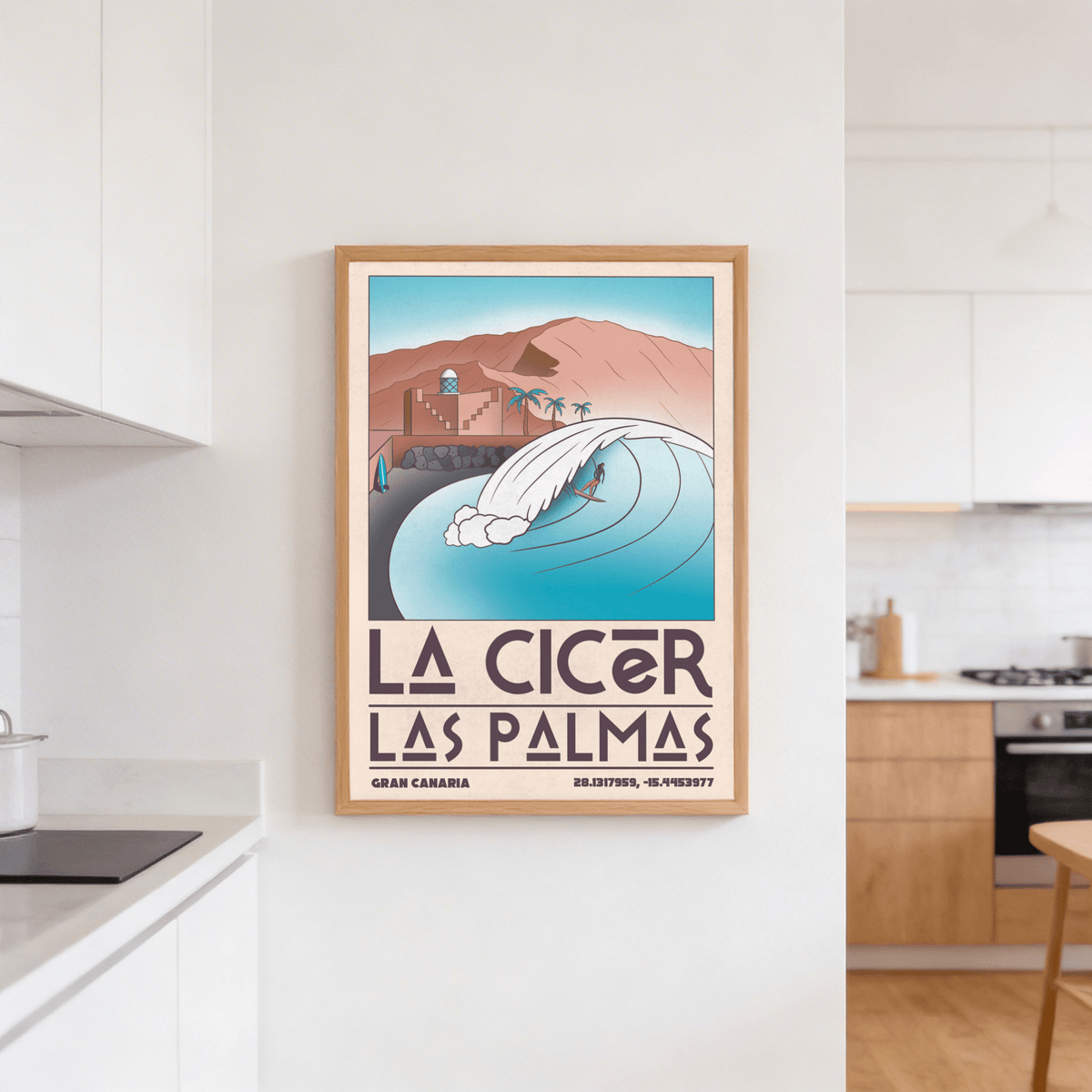 Las Palmas wall art of a surfer on a blue wave with terracotta mountains in a kitchen