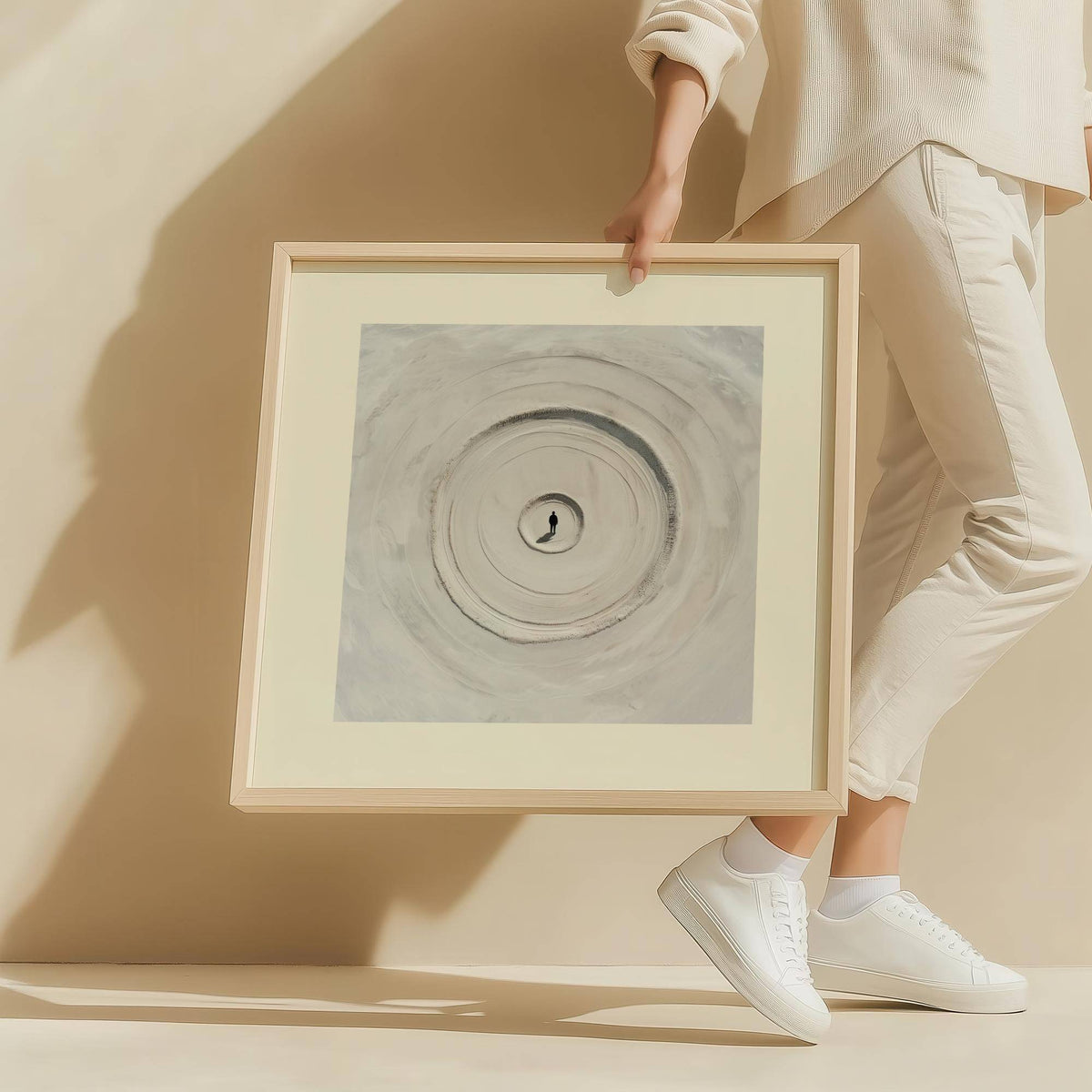 Framed print of concentric sand circles in soft grey and beige tones held by a person