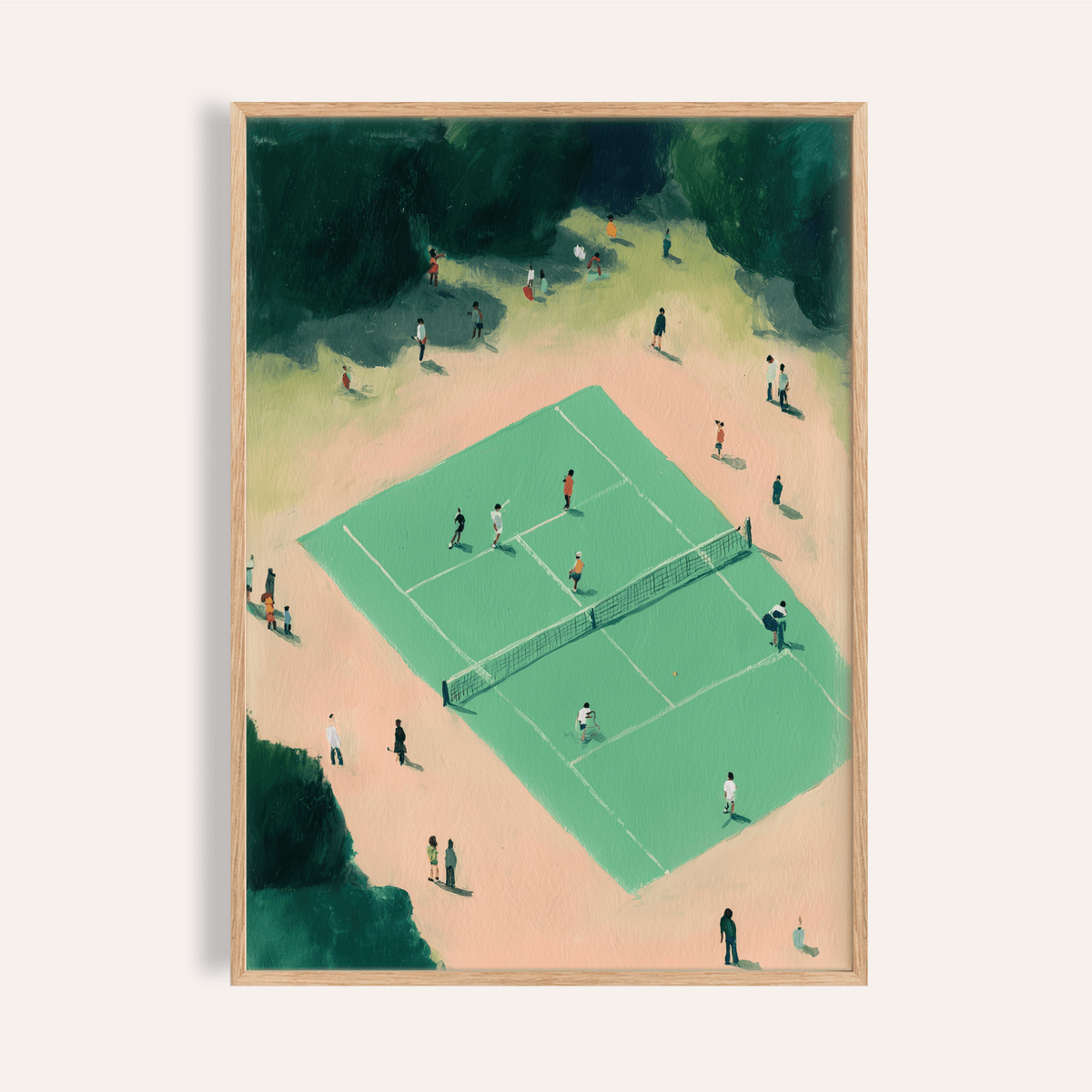 Framed print close-up of tennis court wall art showing players in green and beige tones
