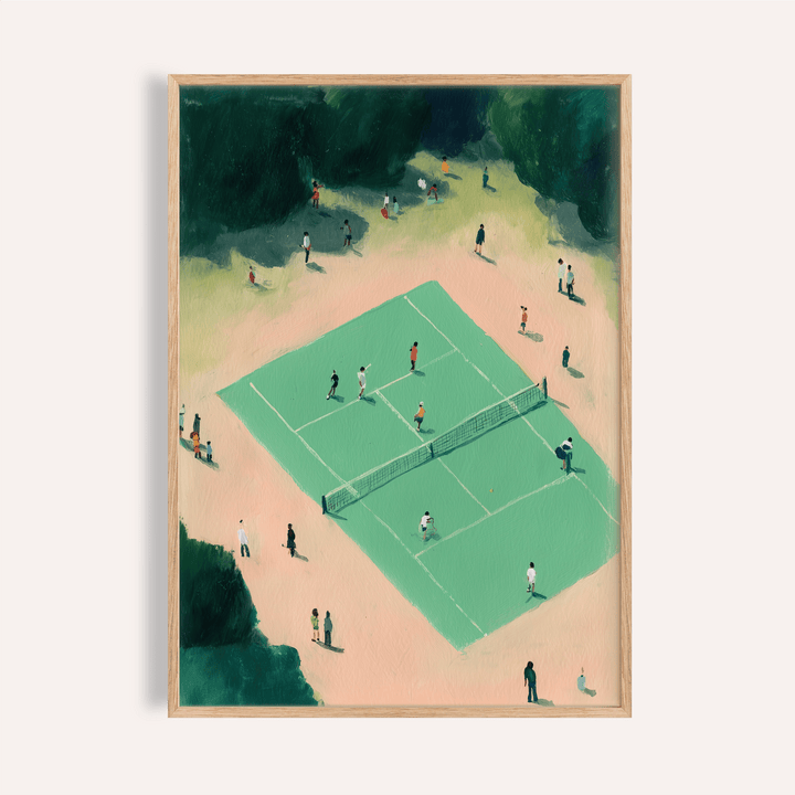Framed print close-up of tennis court wall art showing players in green and beige tones