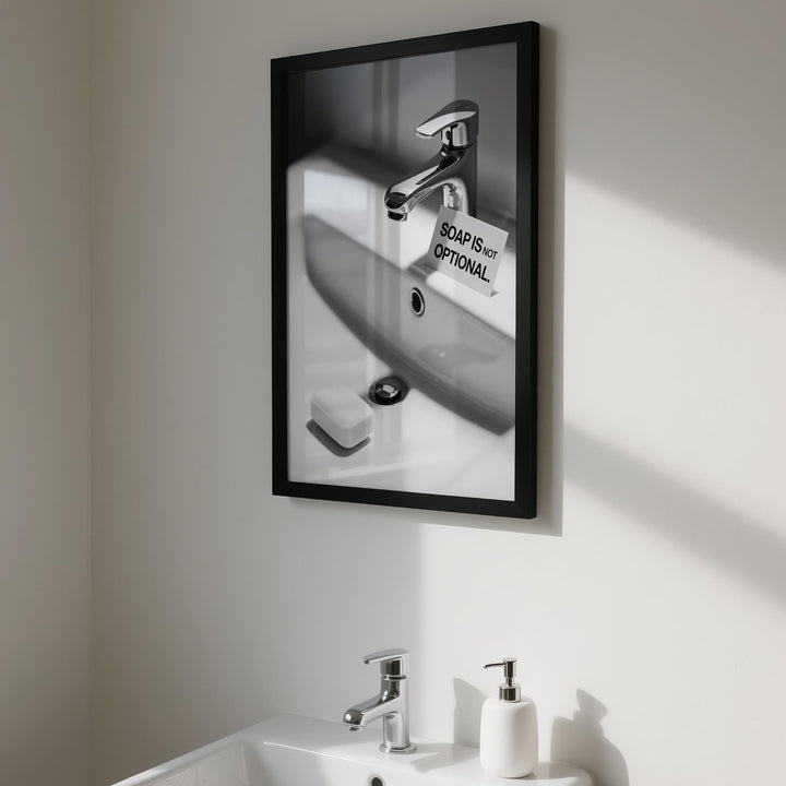 Framed Wash Hands Sign featuring a bathroom sink with a white soap bar in black and white