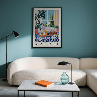 French Prints framed print of countryside lunch with cheese and bread above a white sofa