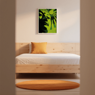 Zen Face wall art above a wooden bed with white bedding and an orange cushion in a bedroom