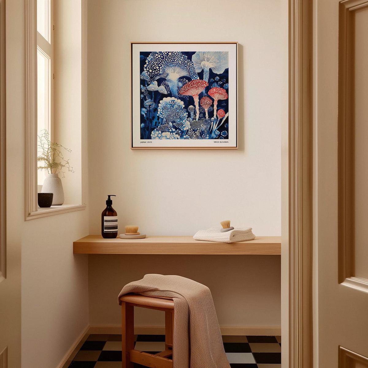 Japanese Poster framed print of toadstools mushrooms in blue and red hanging above a wood shelf with towel