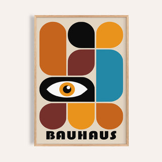 Framed geometric shapes wall art with abstract eye and bauhaus text in warm tones