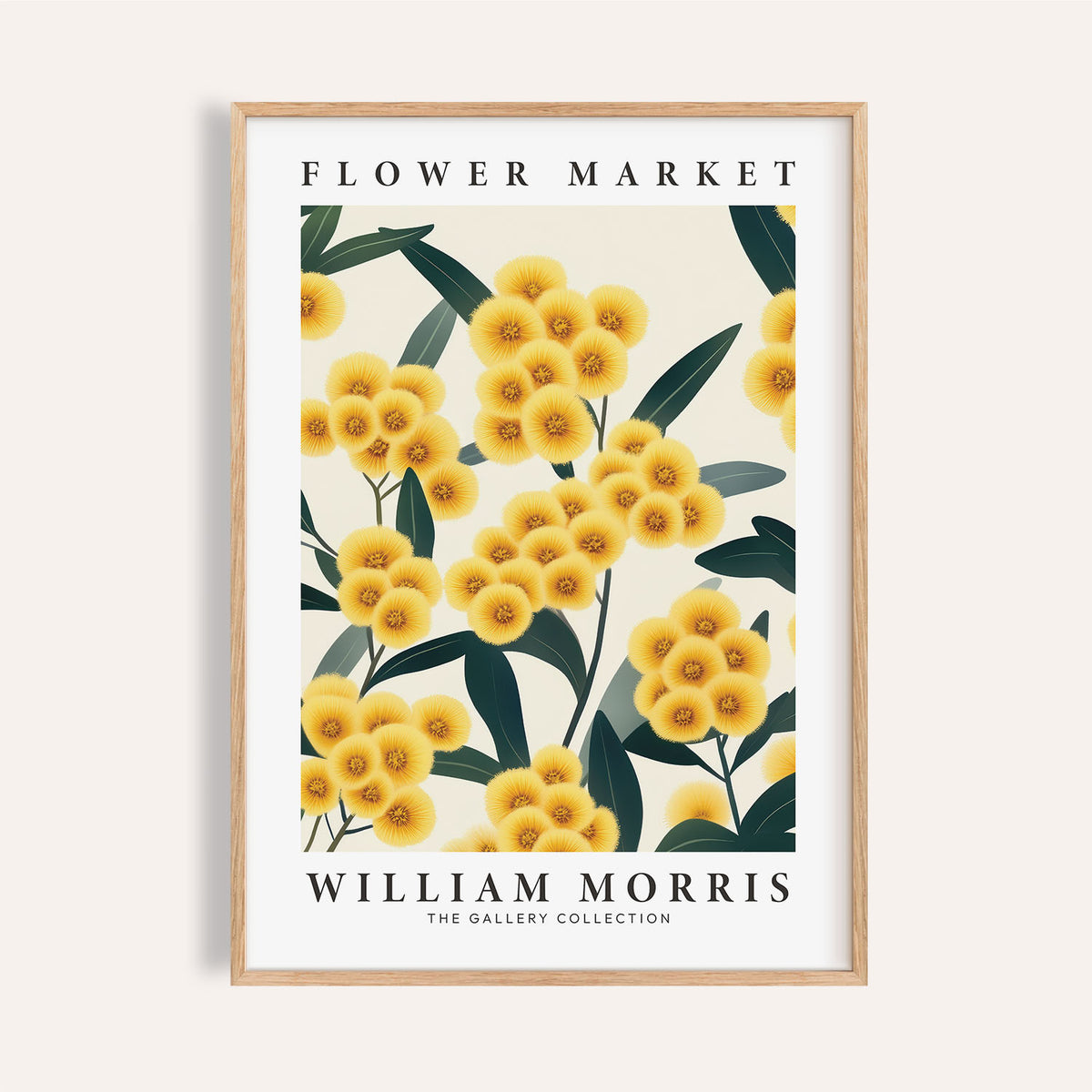 Framed Yellow Flower Wall Art with yellow pompom flowers and dark green leaves