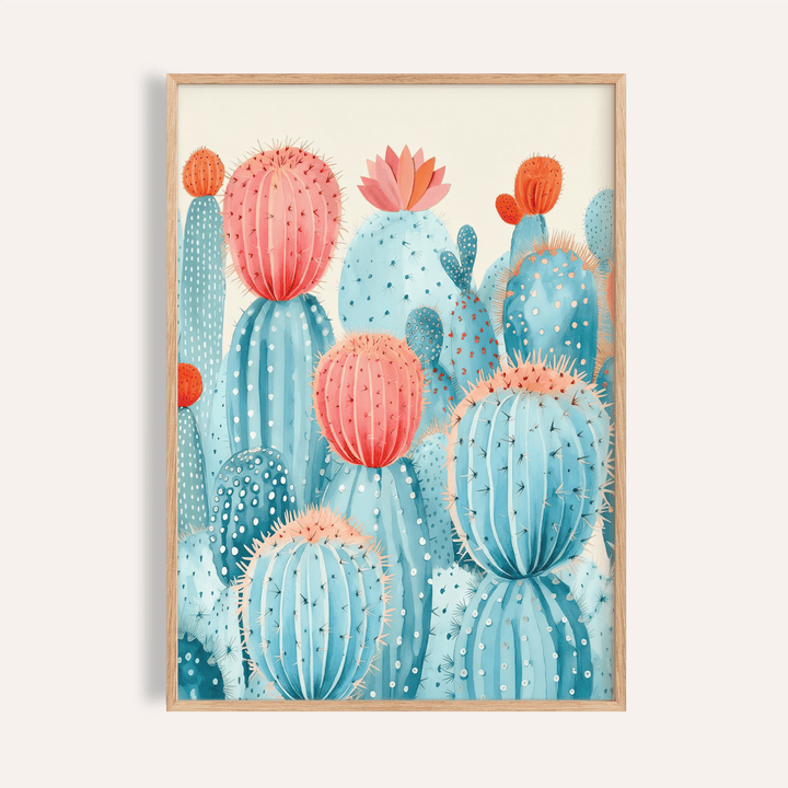Framed close-up of colorful cactus print with blue and pink watercolour illustration