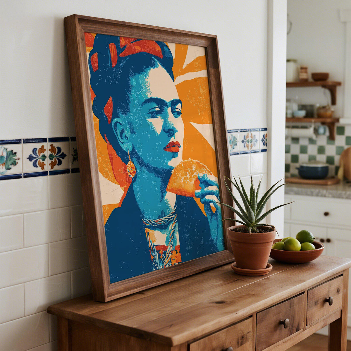 Framed Taco Print of a blue and orange woman eating a taco on a wooden sideboard with a plant