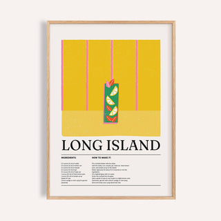 Drink print showing a minimalist Long Island iced tea cocktail illustration with yellow and pink background