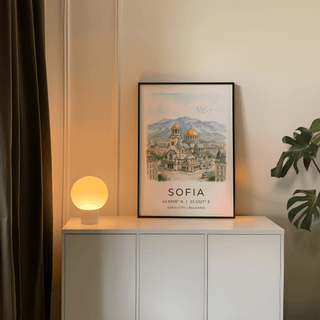 Framed Sofia City art print showing Alexander Nevsky Cathedral in watercolour on a white cabinet with a glowing lamp