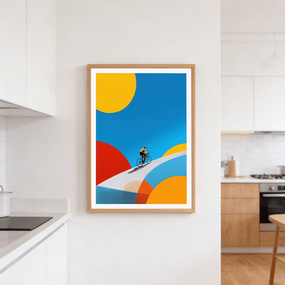 Abstract Bike Poster print of a cyclist on a colourful curved road in a kitchen with wooden cabinets