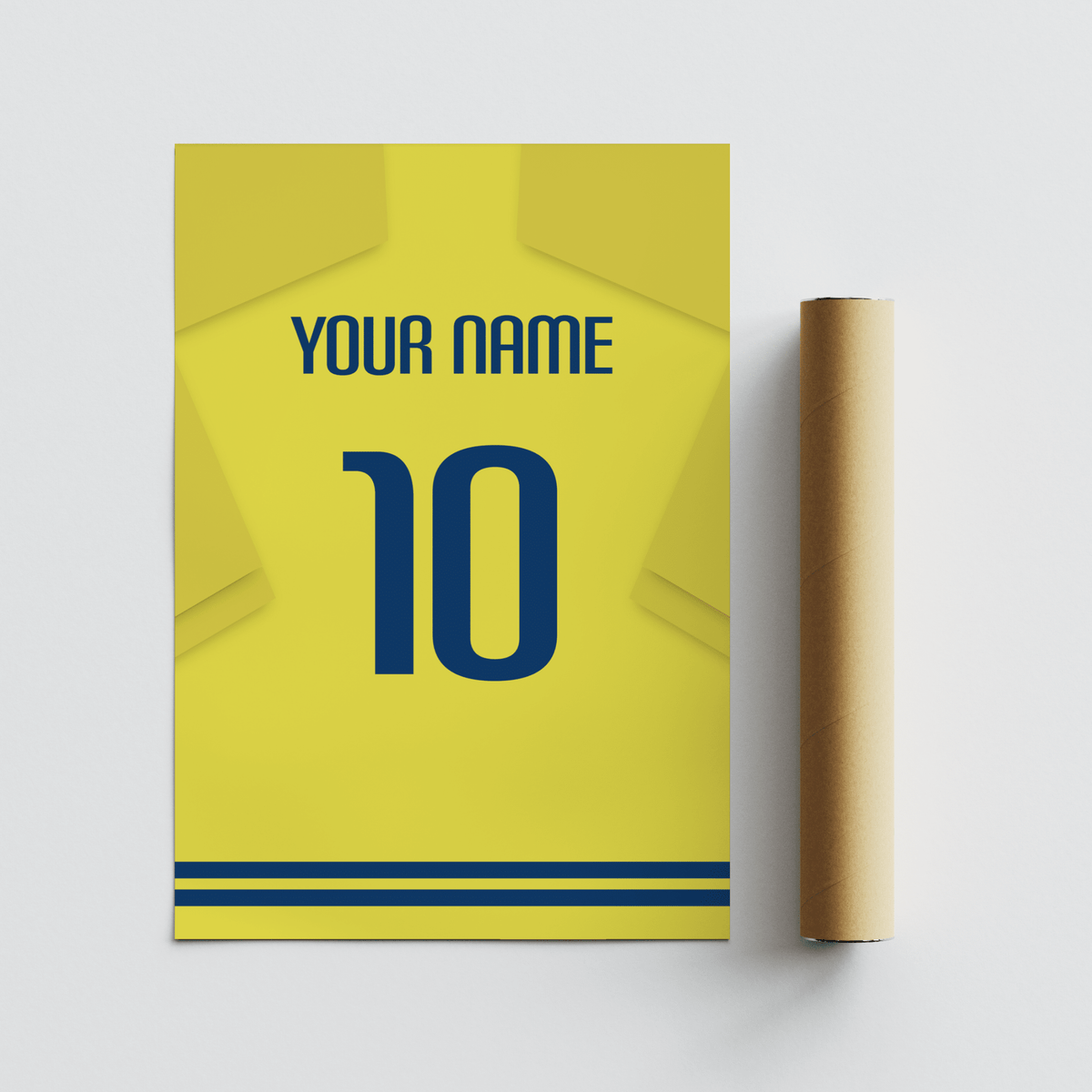 Minimalist football shirt poster in yellow with blue number 10 next to a cardboard packaging tube