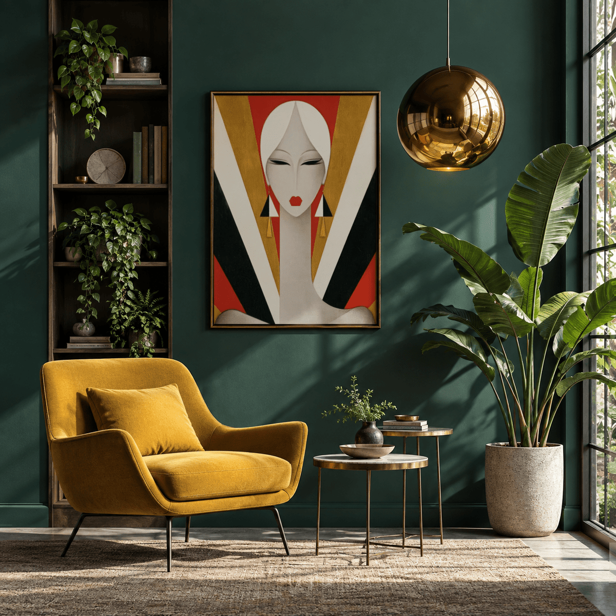 Art Deco Woman Portrait Print in gold red and black tones above a mustard chair in a green room