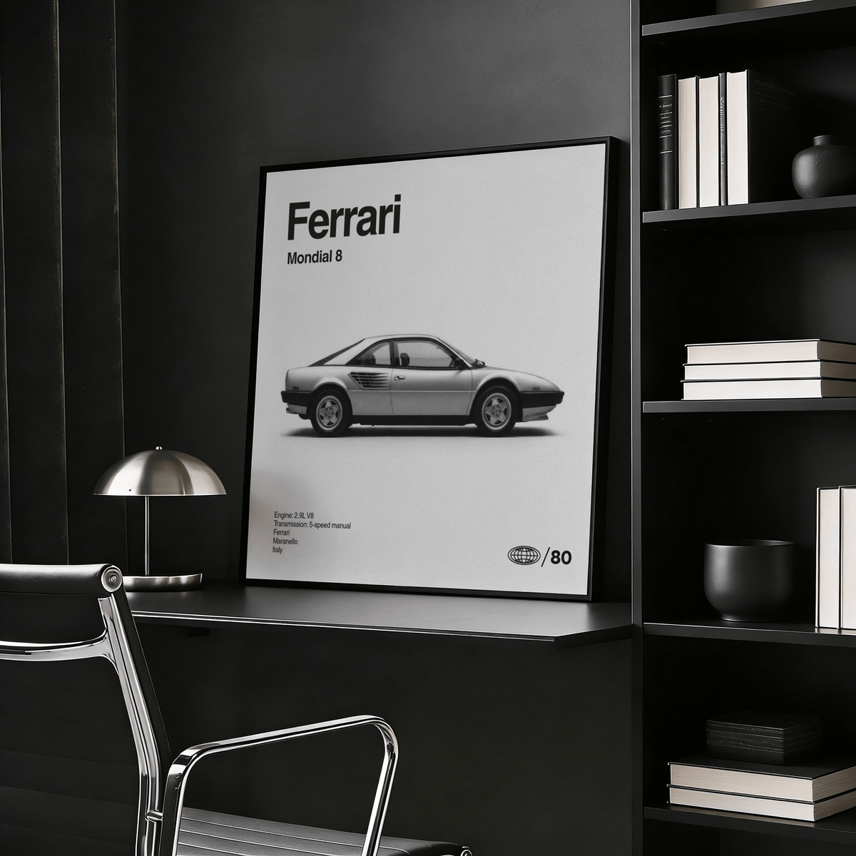 Classic 1980s Italian Coupe Poster leaning on a black desk with books on shelves in the background